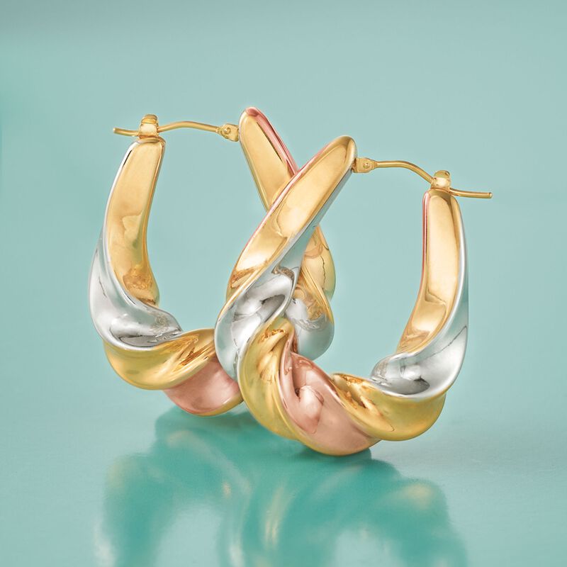 Italian Andiamo 14kt Tri-Colored Gold Over Resin Scalloped Hoop Earrings. 1 3/8&quot; image number 2