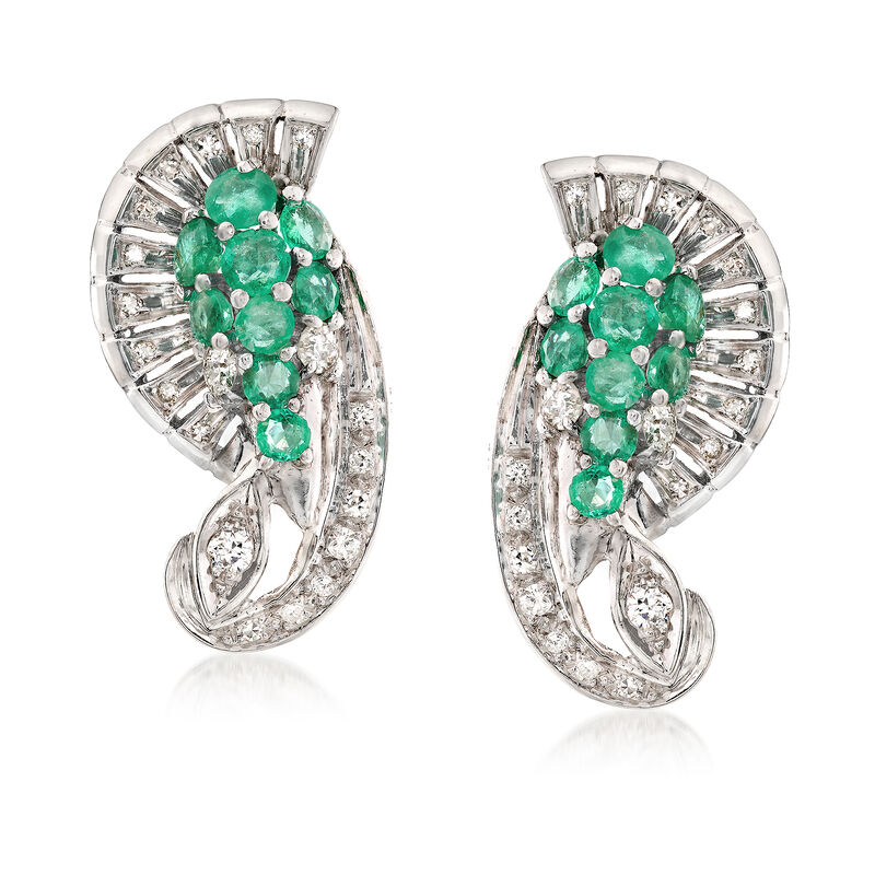 C. 1960 Vintage 2.25 ct. t.w. Emerald and 1.00 ct. t.w. Diamond Earrings in Platinum image number 0