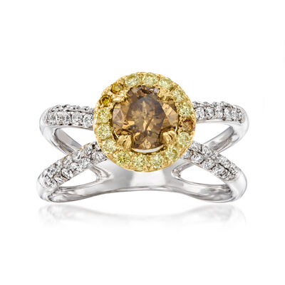 C. 1990 Vintage .90 Carat Brown Diamond Ring with 1.22 ct. t.w. Multicolored Diamonds in 18kt Two-Tone Gold