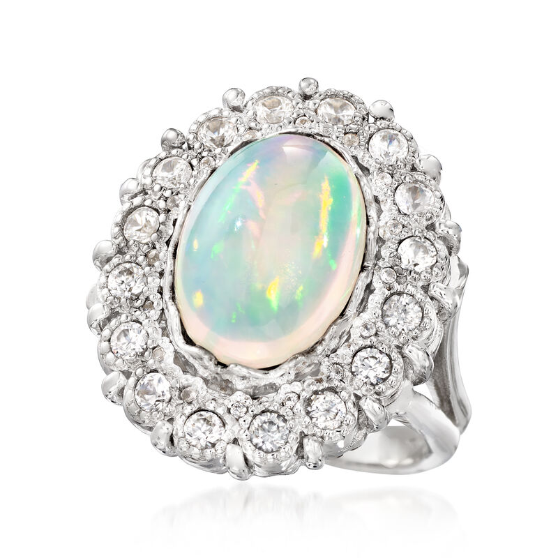 14x10mm Opal and 1.00 ct. t.w. White Zircon Ring in Sterling Silver image number 3