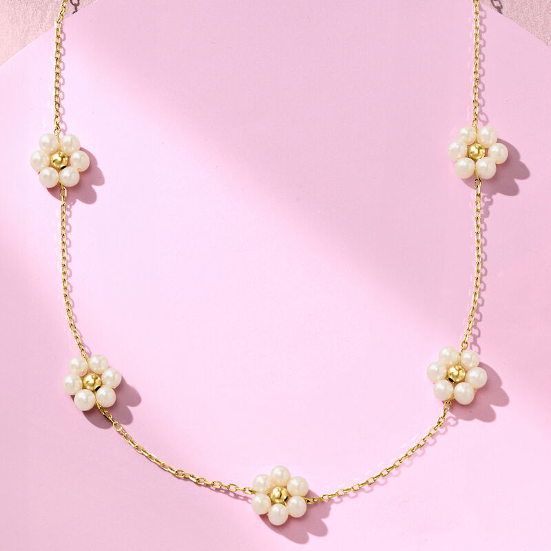 3-3.5mm Cultured Pearl Flower Station Necklace in 14kt Yellow Gold image number 5