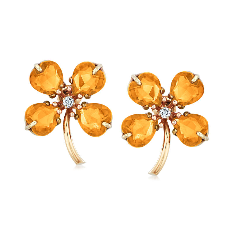C. 1940 Vintage 12.00 ct. t.w. Citrine and .16 ct. t.w. Diamond Flower Earrings in 14kt Yellow Gold image number 0