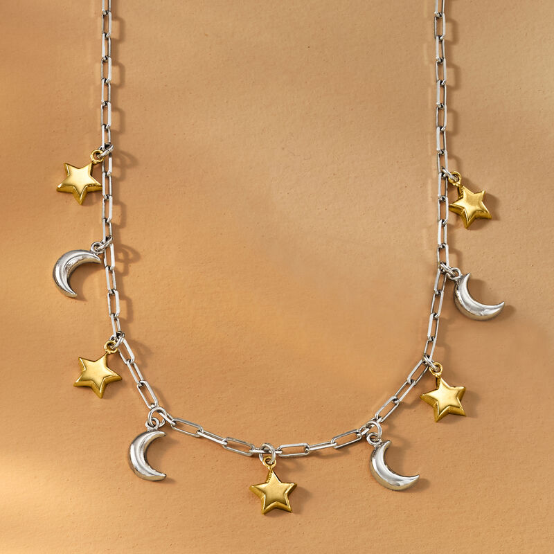 Sterling Silver and 18kt Gold Over Sterling Celestial Paper Clip Link Necklace image number 2