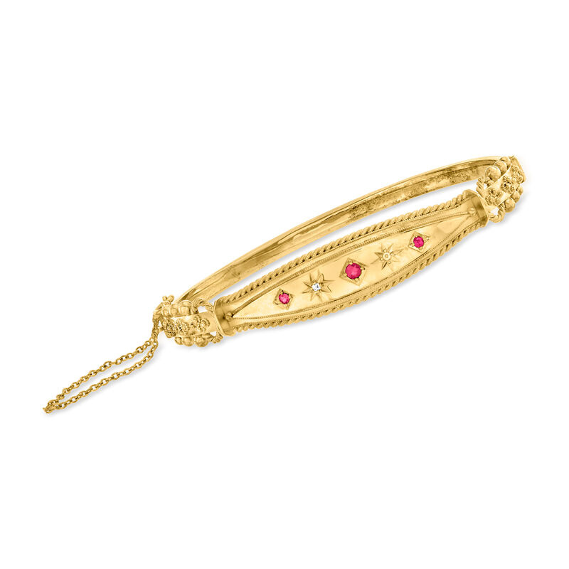 C. 1907 Vintage .18 ct. t.w. Ruby Bangle Bracelet with Diamond Accents in 15kt Yellow Gold with British Hallmark image number 0
