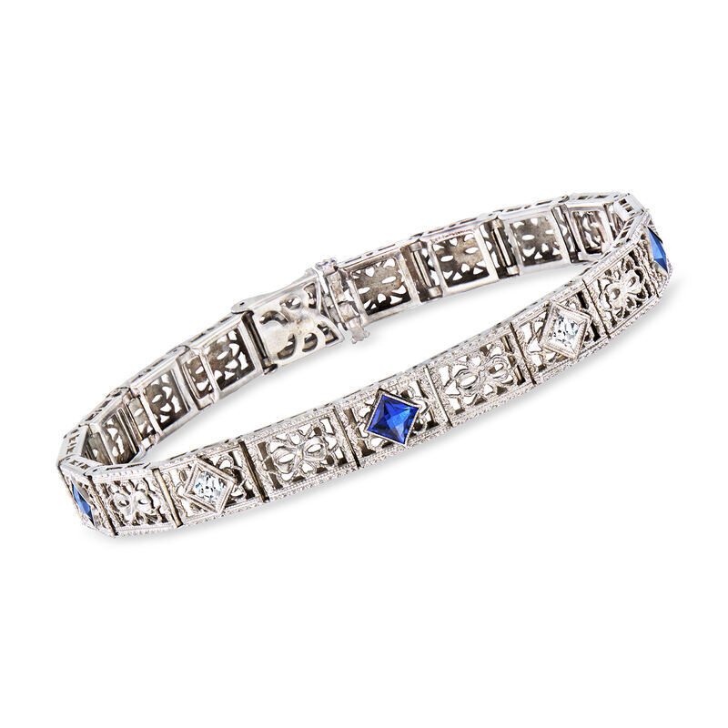 C. 1950 Vintage 1.00 ct. t.w. Synthetic Sapphire Bracelet with .10 ct. t.w. Diamonds in 14kt White Gold. 6.5&quot; image number 0