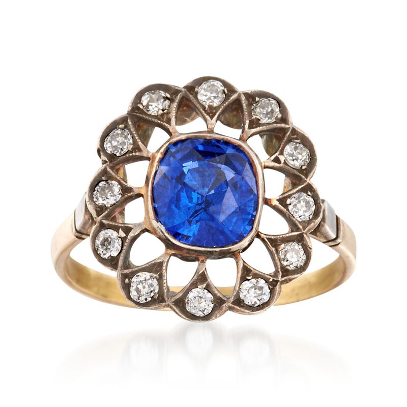 C. 1900 Vintage 2.03 Carat Sapphire and .30 ct. t.w. Diamond Ring in Sterling Silver and 14kt Yellow Gold image number 0