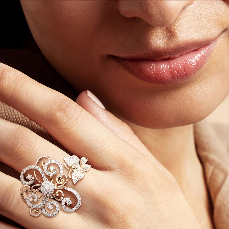 C. 1990 Vintage 2.35 ct. t.w. Diamond Floral Butterfly Cocktail Ring in 18kt Rose Gold image number 1