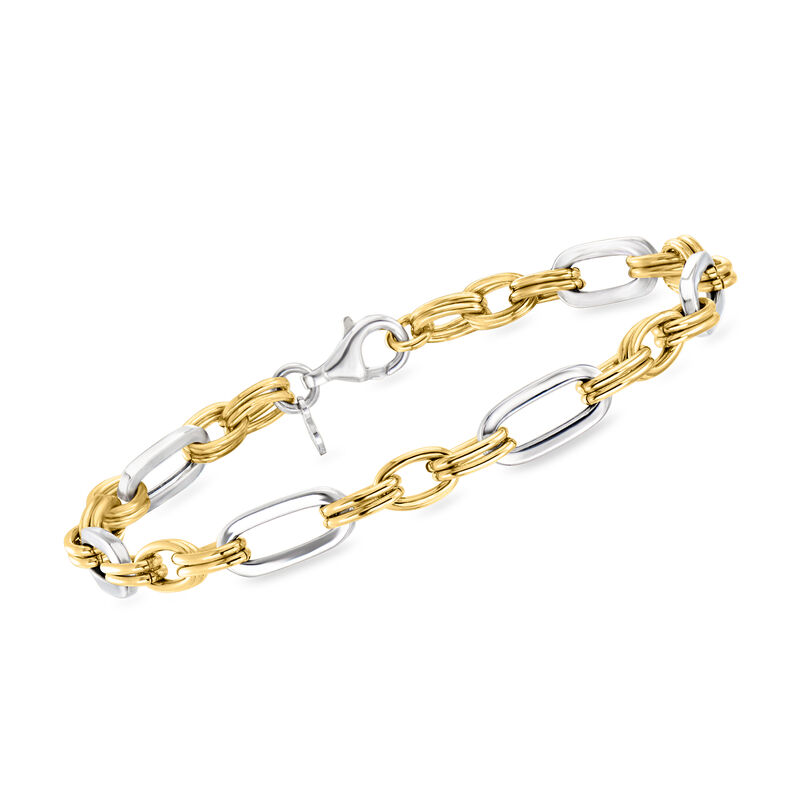 Italian Sterling Silver and 18kt Gold Over Sterling Alternating Cable and Paper Clip Link Bracelet image number 0