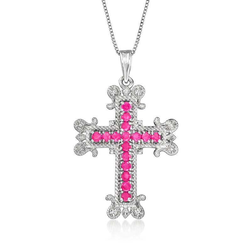 1.10 ct. t.w. Ruby Cross Pendant Necklace with Diamonds in Sterling Silver. 18&quot; image number 1