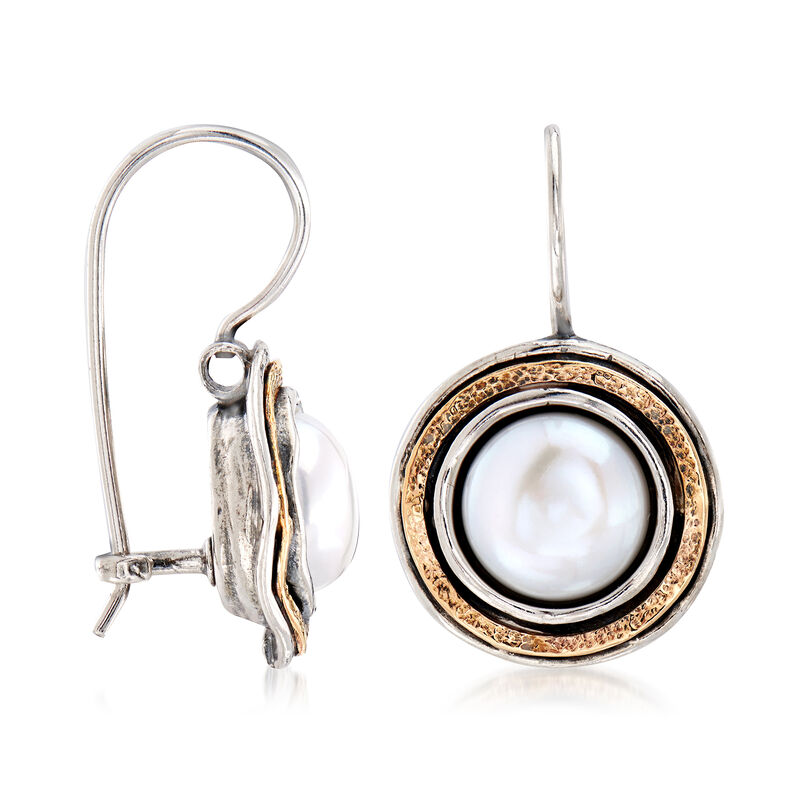 9.5-10mm Cultured Pearl Drop Earrings in Sterling Silver and 14kt Yellow Gold image number 2