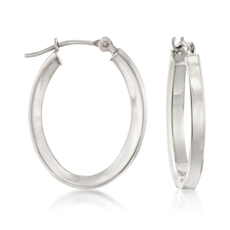 14kt White Gold Oval Hoop Earrings image number 0