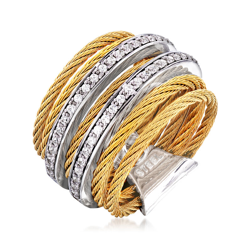 ALOR &quot;Classique&quot; .38 ct. t.w. Diamond Yellow Stainless Steel Cable Ring with 18kt White Gold image number 2
