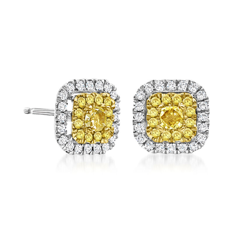 1.00 ct. t.w. Yellow and White Diamond Cluster Earrings in 14kt White Gold  image number 1