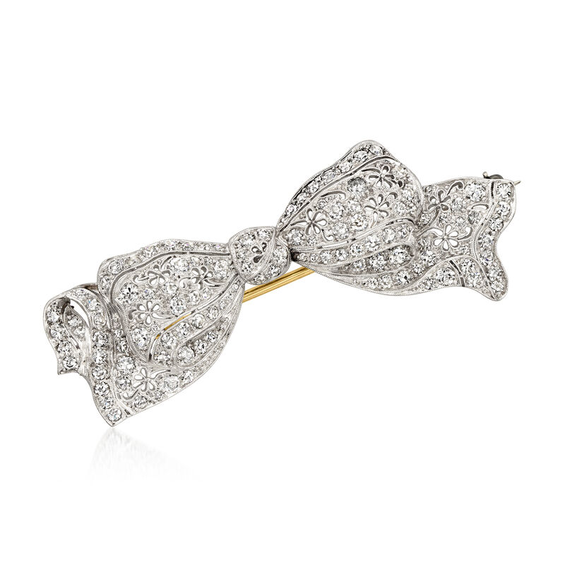 C. 1950 Vintage 3.00 ct. t.w. Diamond Filigree Bow Pin in Platinum image number 0