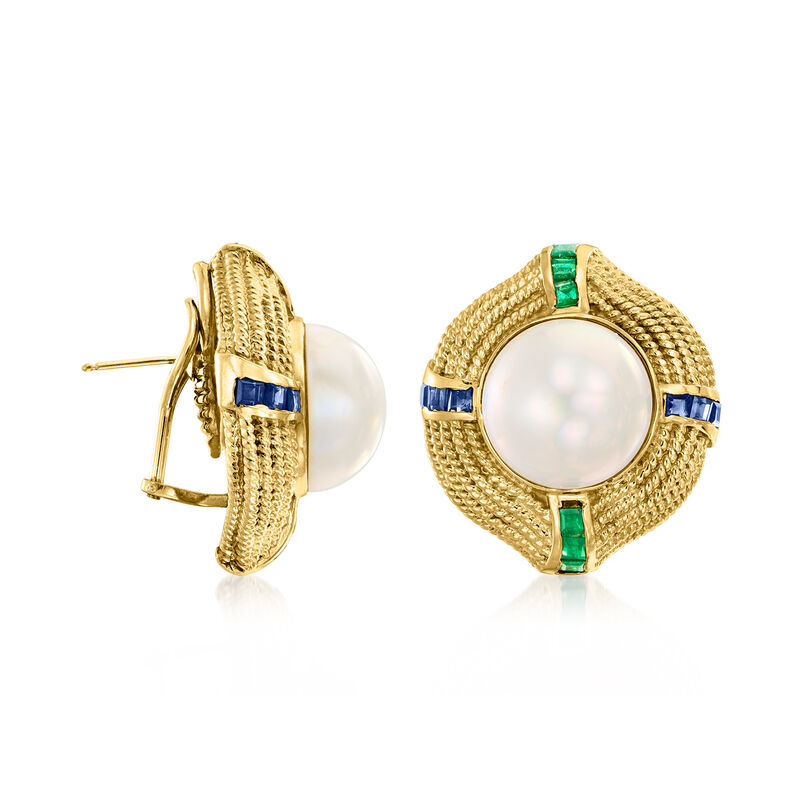 C. 1980 Vintage 15mm Mabe Pearl, 1.50 ct. t.w. Sapphire and 1.20 ct. t.w. Emerald Earrings in 14kt Yellow Gold image number 2