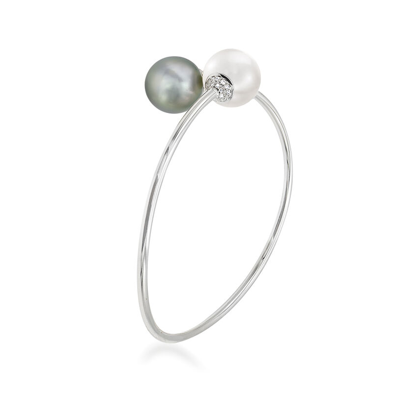 11-12mm Black Cultured Tahitian and White Cultured South Sea Pearl Bypass Bangle Bracelet with .20 ct. t.w. Diamonds in 18kt White Gold. 7.5&quot; image number 1