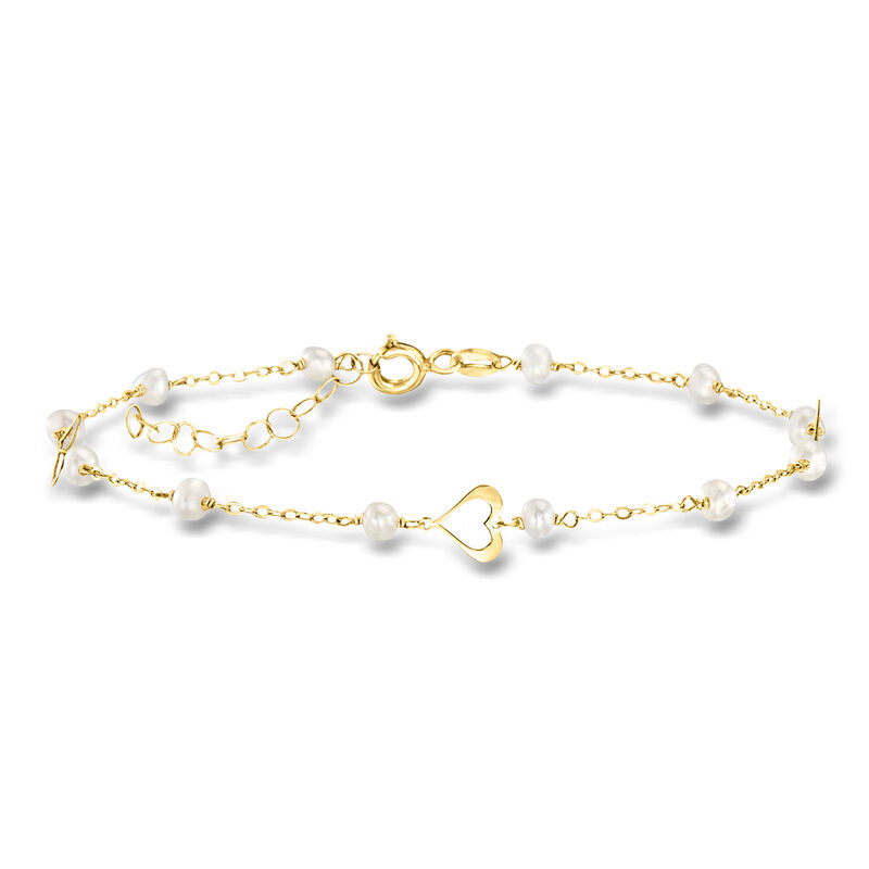 Italian 3-3.5mm Cultured Pearl and Heart Station Bracelet in 10kt Yellow Gold. 7" image number 0