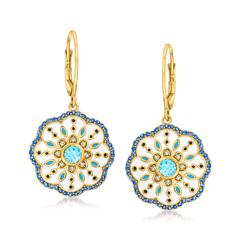 1.09 ct. t.w. Multi-Gemstone Drop Earrings with Blue and White Enamel in 18kt Gold Over Sterling image number 0