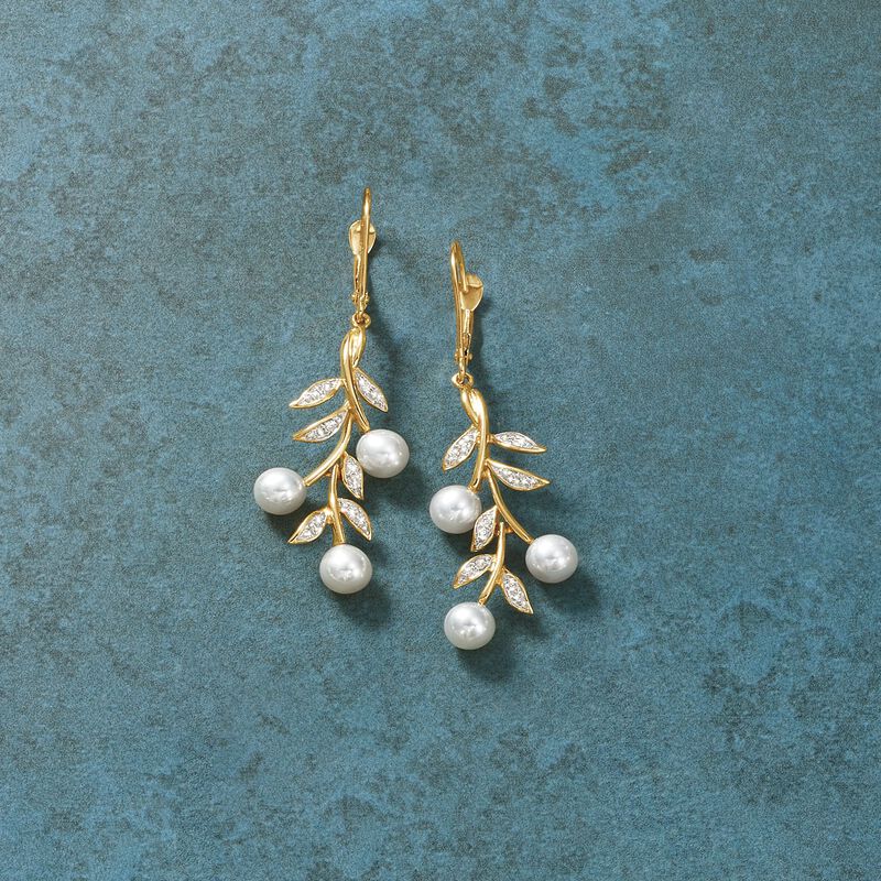 5mm Cultured Pearl and Diamond Leaf Drop Earrings in 14kt Yellow Gold  image number 2