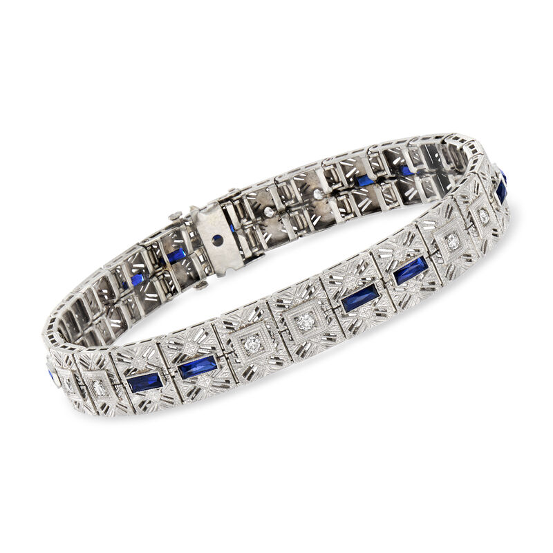 C. 1950 Vintage 2.60 ct. t.w. Synthetic Sapphire Filigree Bracelet with .55 ct. t.w. Diamonds in Platinum and 14kt White Gold. 7" image number 0
