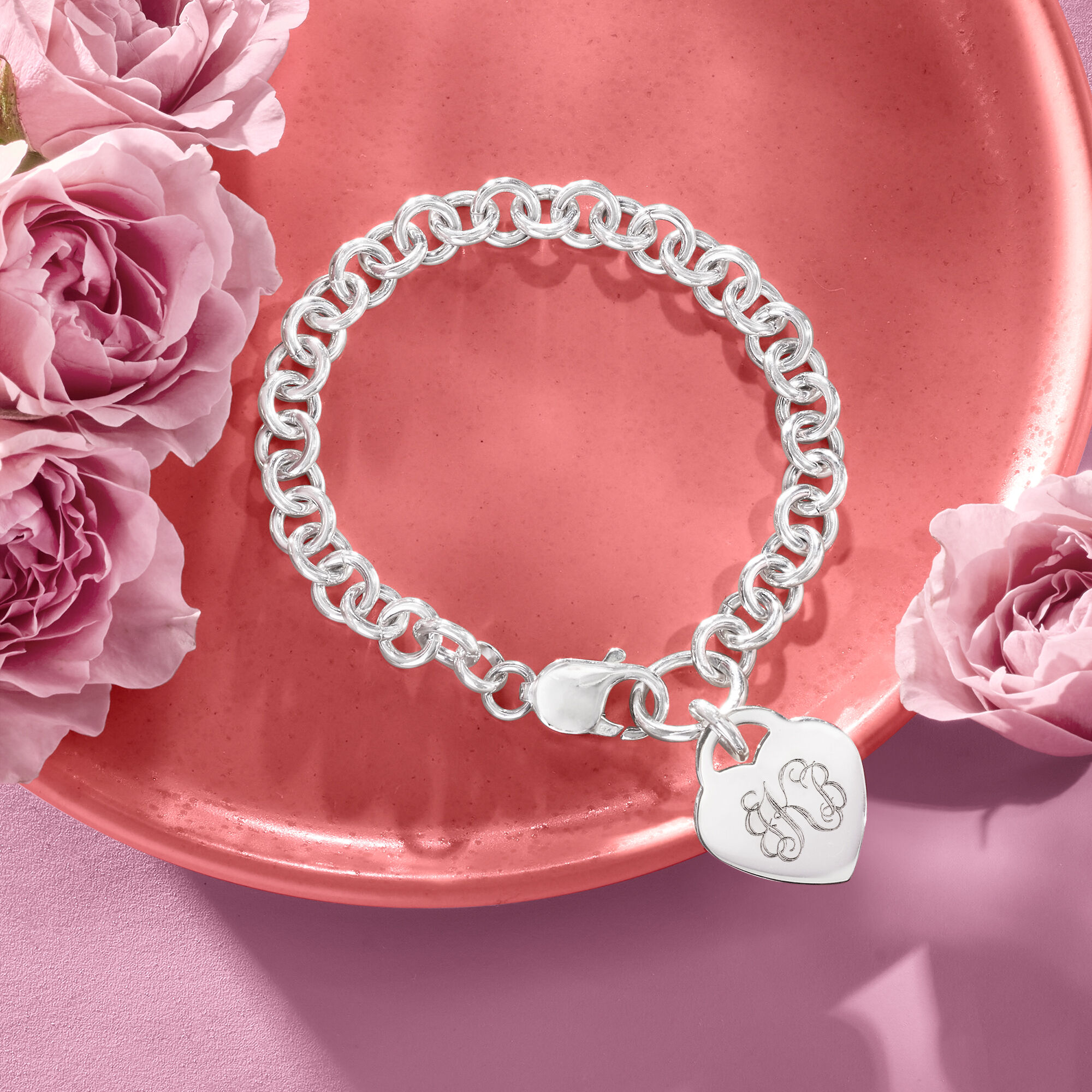 Sterling Silver Personalized Heart Charm Bracelet | Ross Simons