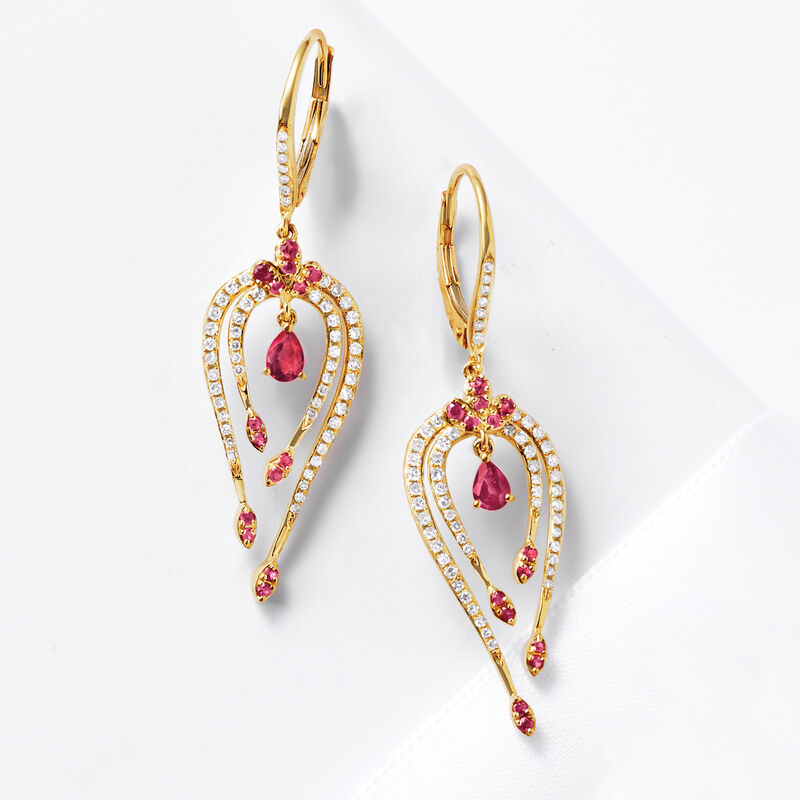 .50 ct. t.w. Ruby and .49 ct. t.w. Diamond Drop Earrings in 14kt Yellow Gold image number 3