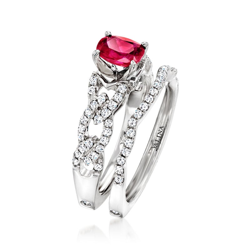 C. 2000 Vintage .80 Carat Ruby and .63 ct. t.w. Diamond Jewelry Set: Two Rings in 14kt White Gold. Size 6.5 image number 2