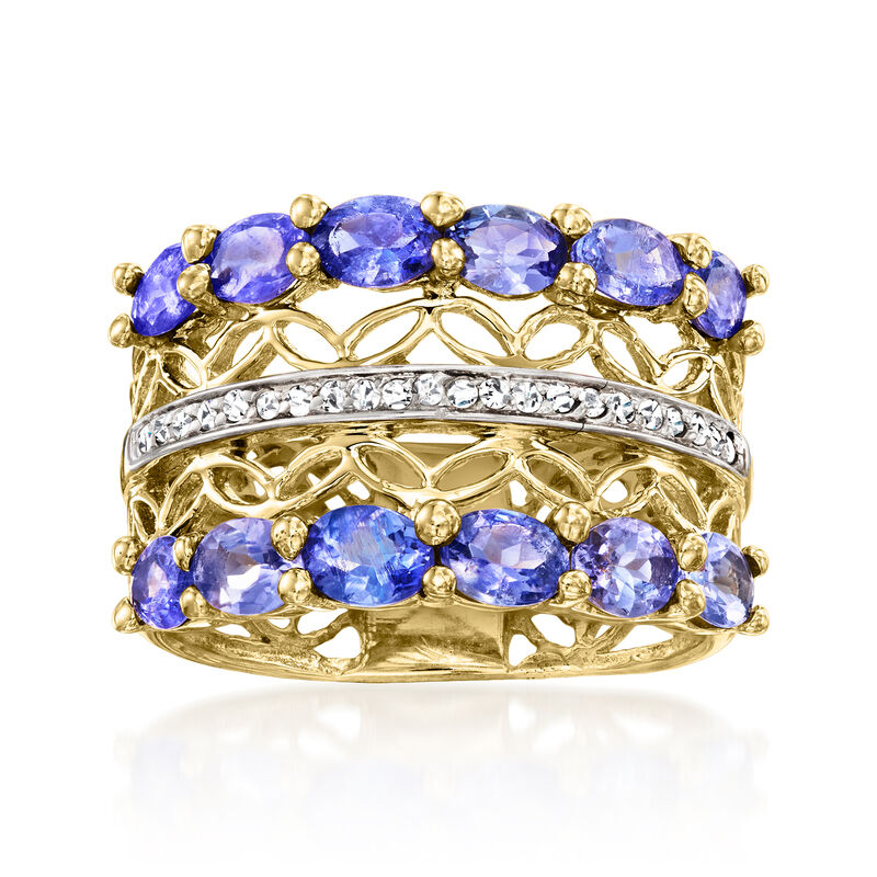 C. 1990 Vintage 2.10 ct. t.w. Tanzanite and .10 ct. t.w. Diamond Multi-Row Ring in 14kt Yellow Gold. Size 6 image number 0