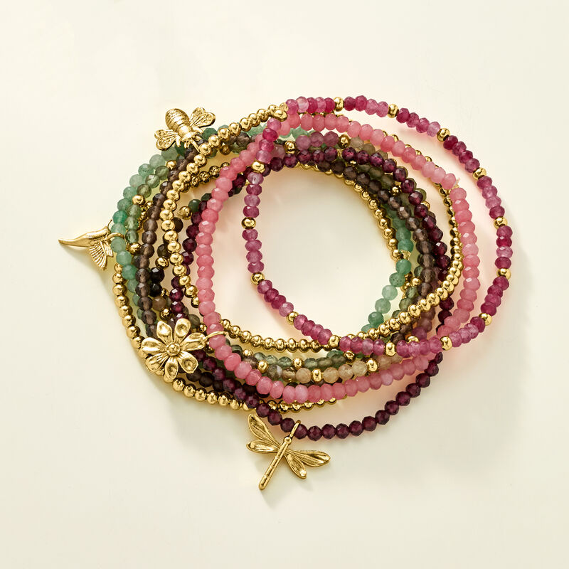 Multi-Gemstone and 14kt Yellow Gold-Plated Jewelry Set: Nine Bead Stretch Bracelets with Nature Charms image number 2