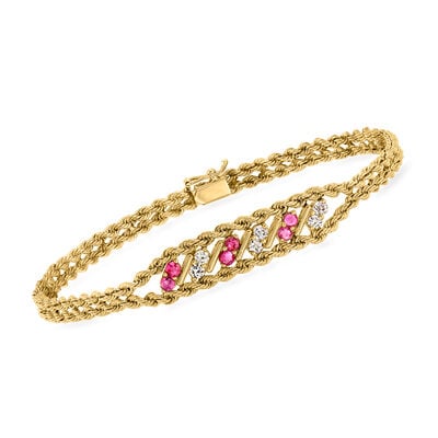 C. 1980 Vintage .40 ct. t.w. Ruby and .30 ct. t.w. Diamond Double-Rope Chain Bracelet in 14kt Yellow Gold