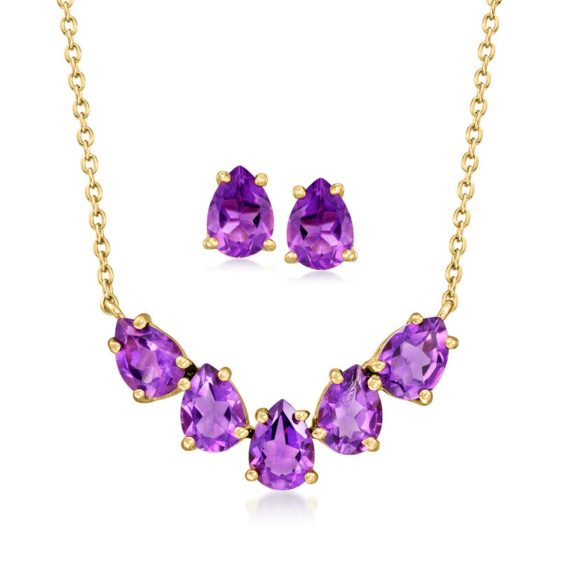 4.20 ct. t.w. Amethyst Jewelry Set: Earrings and Five-Stone Necklace in 18kt Gold Over Sterling. 18&quot; image number 1