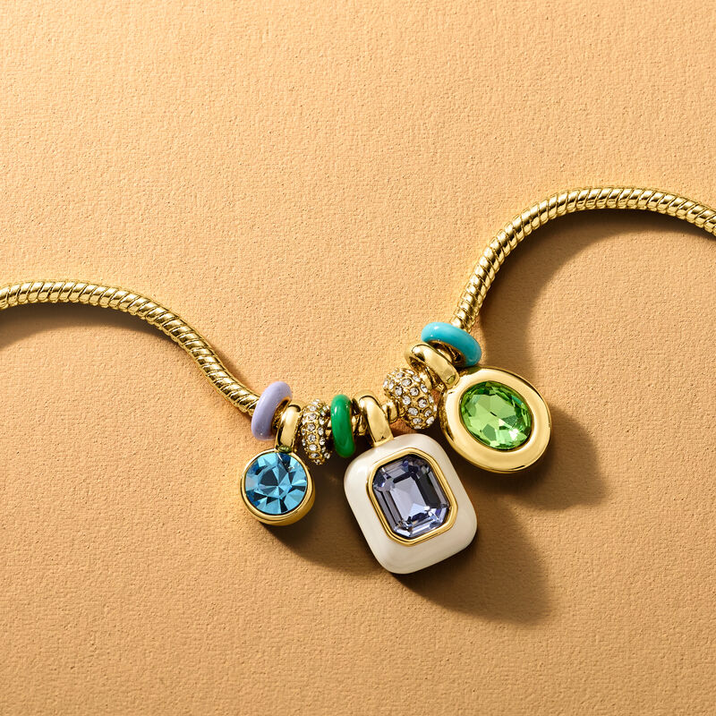 14kt Yellow Gold-Plated Charm Necklace with Enamel and Simulated Multicolored Gemstones. 18" image number 3