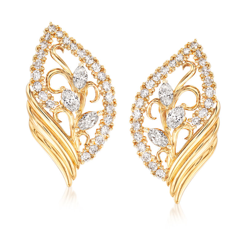 C. 1980 Vintage Tasaki 2.24 ct. t.w. Diamond Leaf Clip-On Earrings in 18kt Yellow Gold image number 0
