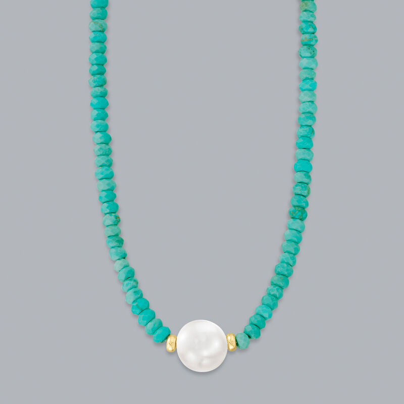 11.5-12.5mm Cultured Pearl and 4-5mm Turquoise Bead Necklace with 14kt Yellow Gold image number 2