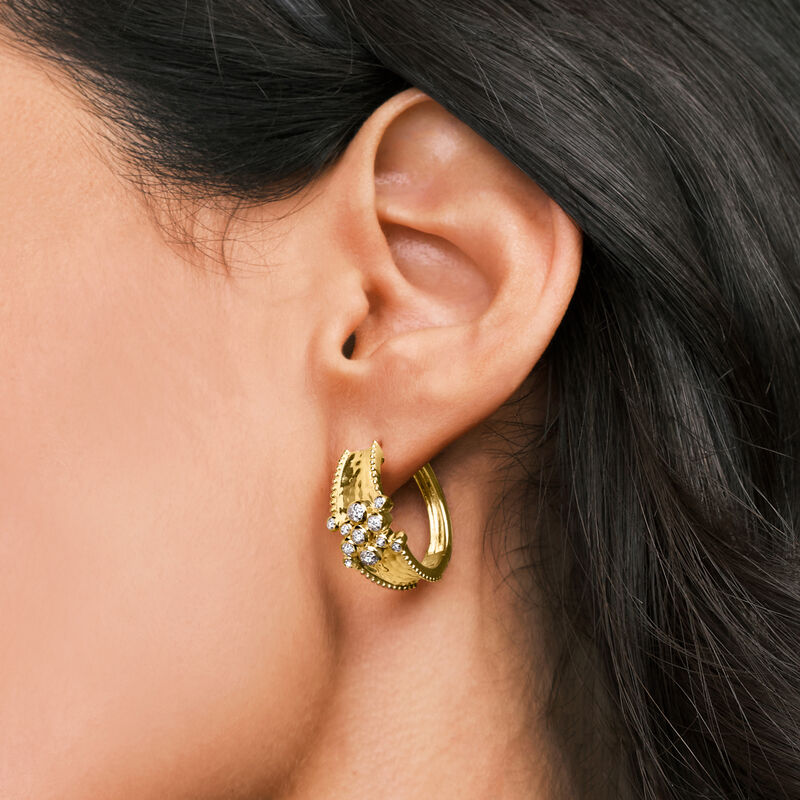 .15 ct. t.w. Diamond Cluster Hammered Hoop Earrings in 18kt Gold Over Sterling. 3/4&quot; image number 3