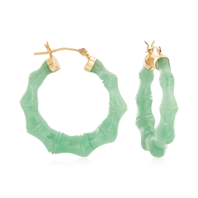 Green Jade Hoop Earrings with 14kt Yellow Gold. 1 1/4&quot; image number 0