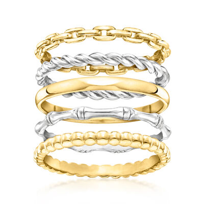 Sterling Silver and 18kt Gold Over Sterling Jewelry Set: Five Stackable Rings
