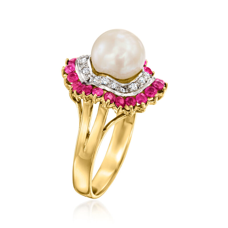 C. 1980 Vintage 8.8mm Cultured Pearl Ring with 1.20 ct. t.w. Rubies and .25 ct. t.w. Diamonds in 14kt Yellow Gold. Size 7 image number 2