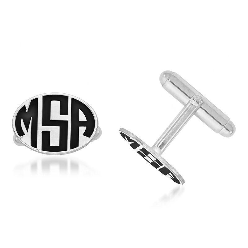 14kt White Gold Oval Monogram Cuff Links with Bright Teal Enamel image number 0
