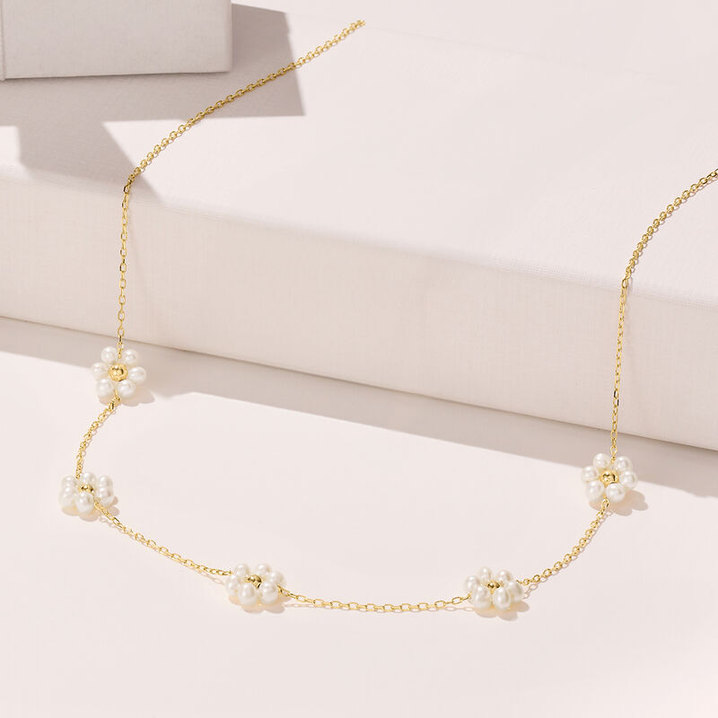 3-3.5mm Cultured Pearl Flower Station Necklace in 14kt Yellow Gold image number 2