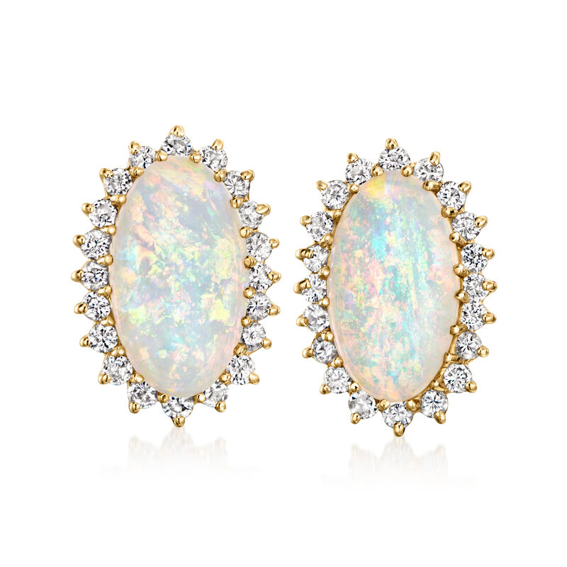 C. 1980 Vintage Opal Earrings with 1.40 ct. t.w. Diamonds in 14kt Yellow Gold image number 0