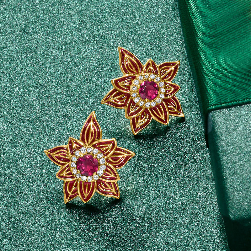 .60 ct. t.w. Rhodolite Garnet, .20 ct. t.w. White Zircon and Red Enamel Poinsettia Earrings in 18kt Gold Over Sterling image number 2