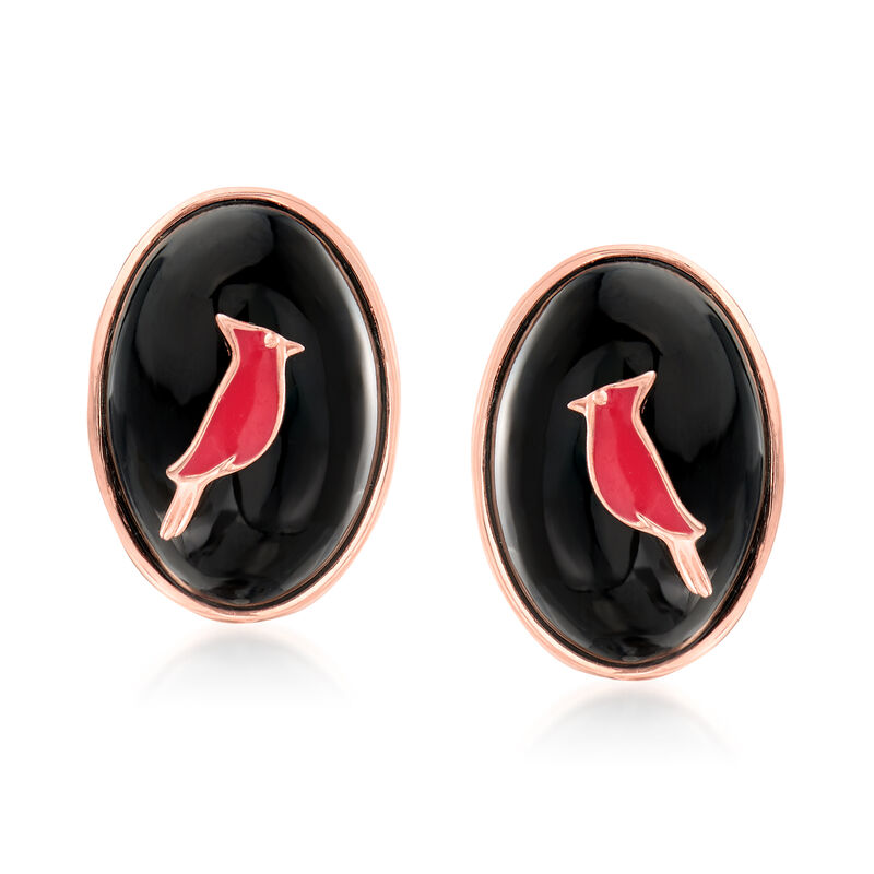 Black Agate and Red Enamel Cardinal Earrings in Two-Tone Sterling Silver image number 0