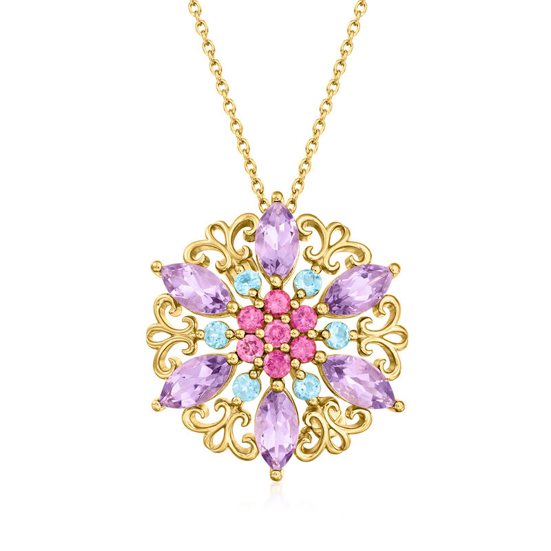 3.40 ct. t.w. Multi-Gemstone Flower Pin/Pendant Necklace in 18kt Gold Over Sterling. 18&quot; image number 1