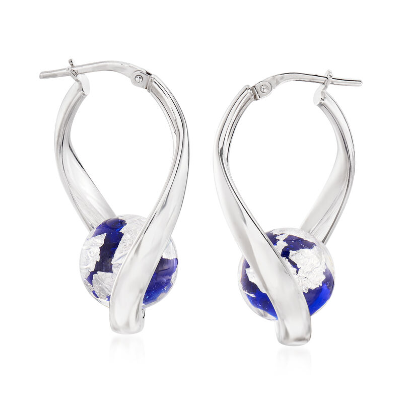 Italian Blue and Silvertone Murano Glass Bead Curved Hoop Earrings in Sterling Silver. 1 1/4&quot; image number 3