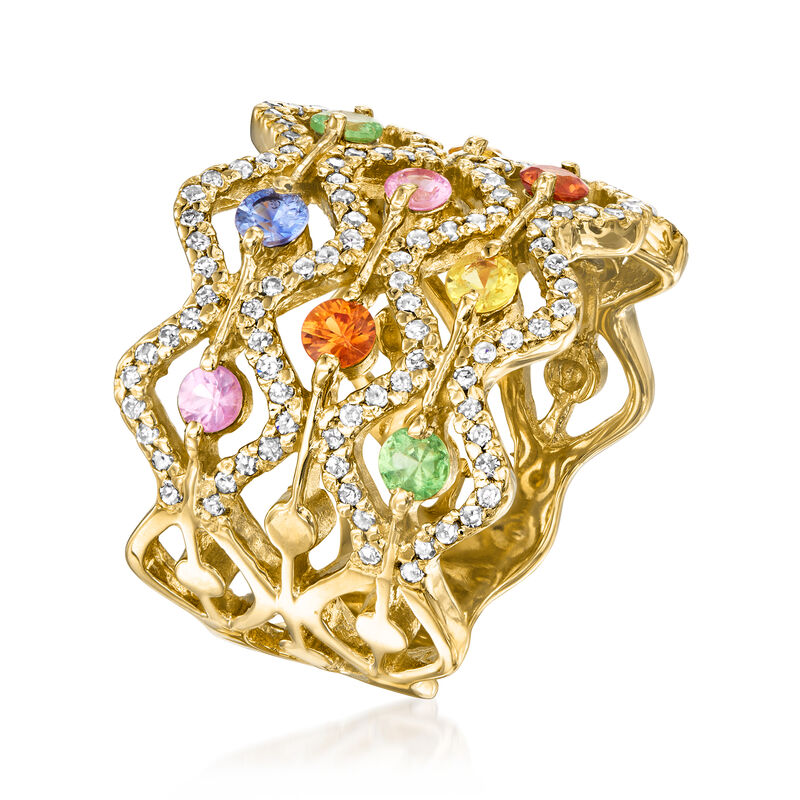 C. 1990 Vintage 1.65 ct. t.w. Multicolored Sapphire and 1.05 ct. t.w. Diamond Ring in 14kt Yellow Gold. Size 8 image number 2