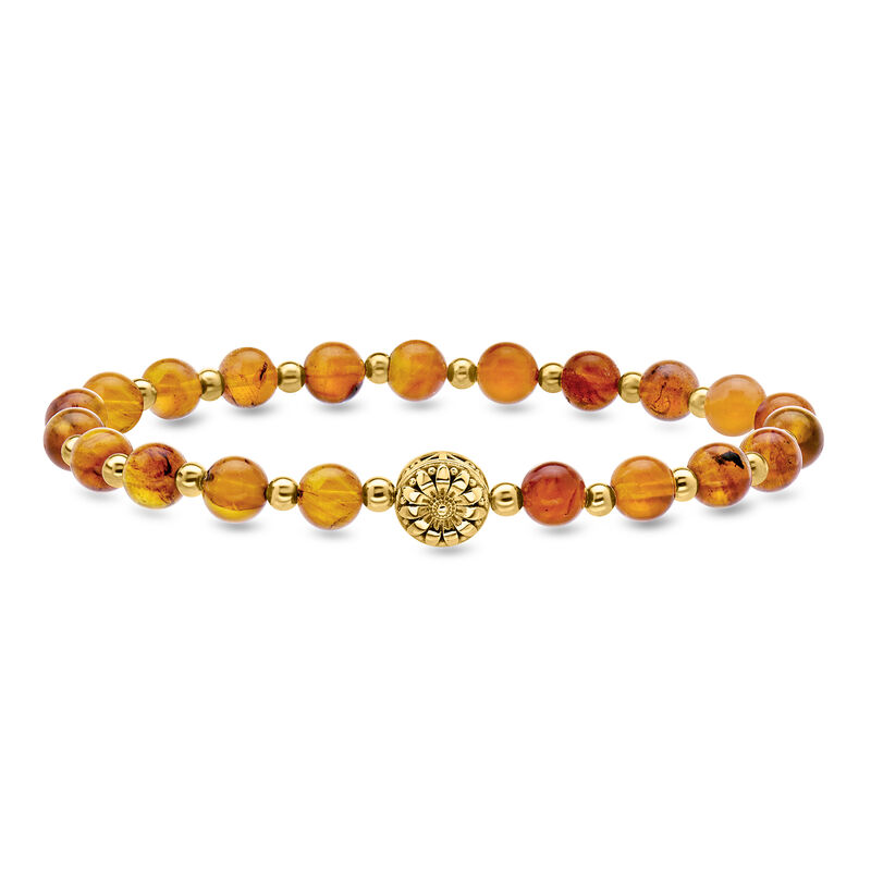 6mm Amber Bead Sunflower Bracelet with 18kt Gold Over Sterling image number 0
