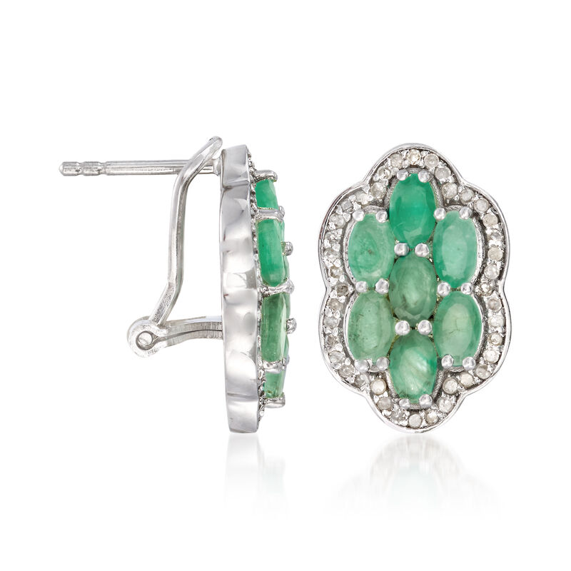2.90 ct. t.w. Emerald and .44 ct. t.w. Diamond Flower Earrings in Sterling Silver image number 2