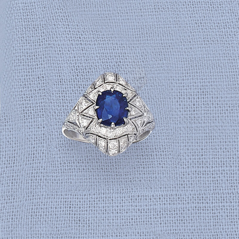 C. 1990 Vintage 2.28 Carat Sapphire and 1.25 ct. t.w. Diamond Filigree Ring in 18kt White Gold image number 3