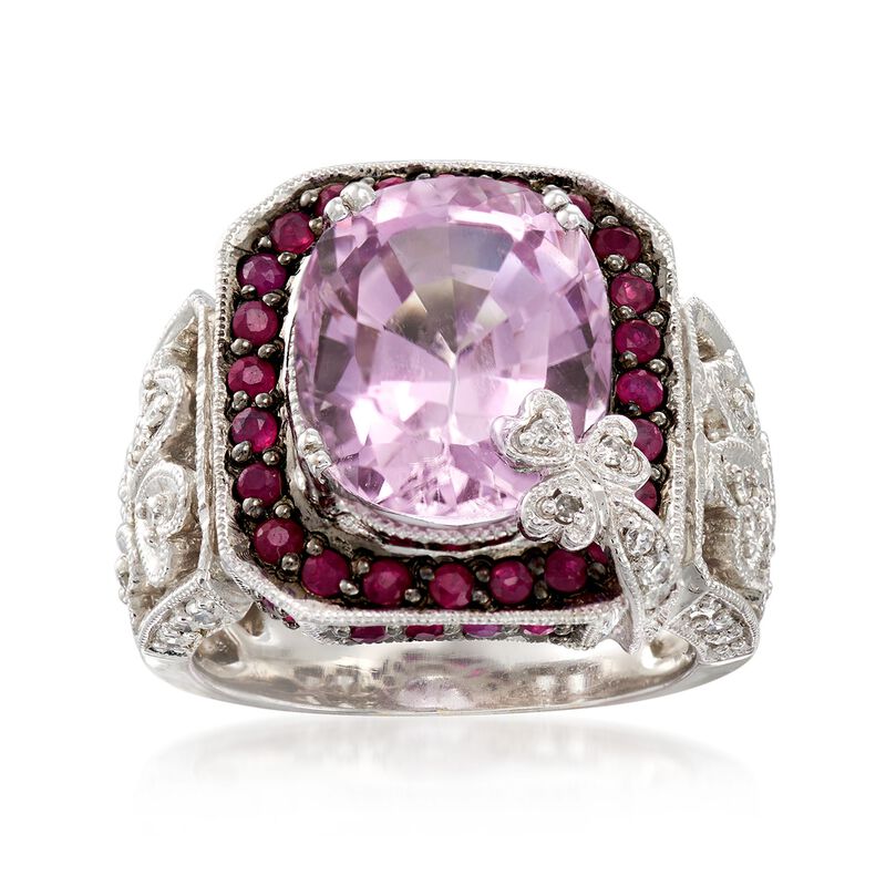 C. 2000 Vintage 6.10 Carat Kunzite and .70 ct. t.w. Ruby Ring with Diamonds in 14kt White Gold. Size 5 image number 0